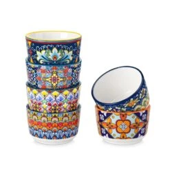 6-Piece 3 Oz. Porcelain Cupcake Pan Set Bohemian Creme Brulee Ramekins Souffle Dishes Dipping Sauce Ice Cream Bowls
