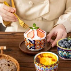 6-Piece 5 Oz. Porcelain Cupcake Pan Set Bohemian Creme Brulee Ramekins Souffle Dishes Dipping Sauce Ice Cream Bowls -Vancasso Shop 06 5 oz vancasso cupcake pans muffin pans vc simi rmk 06 1f 1000