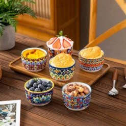 6-Piece 5 Oz. Porcelain Cupcake Pan Set Bohemian Creme Brulee Ramekins Souffle Dishes Dipping Sauce Ice Cream Bowls -Vancasso Shop 06 5 oz vancasso cupcake pans muffin pans vc simi rmk 06 31 1000