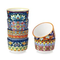 6-Piece 5 Oz. Porcelain Cupcake Pan Set Bohemian Creme Brulee Ramekins Souffle Dishes Dipping Sauce Ice Cream Bowls