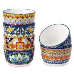 6-Piece 7 Oz. Porcelain Cupcake Pan Set Bohemian Creme Brulee Ramekins Souffle Dishes Dipping Sauce Ice Cream Bowls