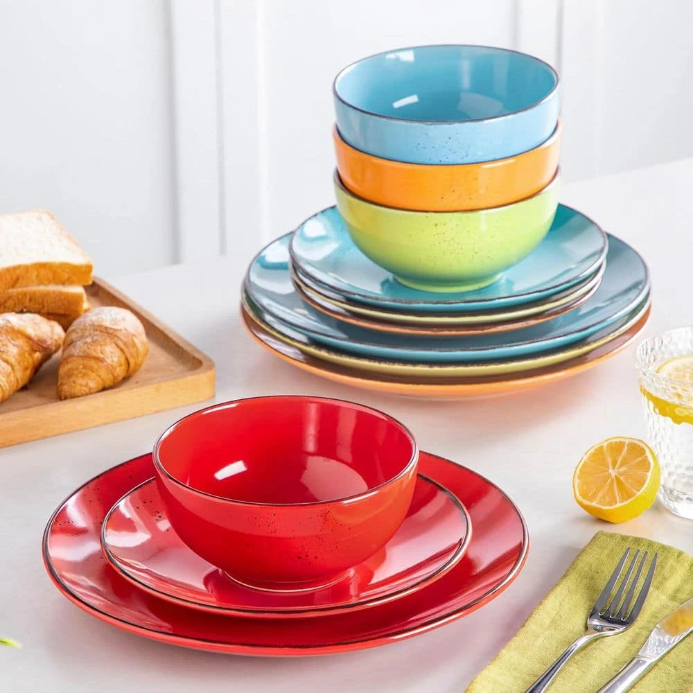 12-Piece Assorted Colors Stoneware Dinnerware Set Service For 4-Dinner Plates Dessert Plates And Cereal Bowls Tableware 4 12-Piece Assorted Colors Stoneware Dinnerware Set Service For 4-Dinner Plates Dessert Plates And Cereal Bowls Tableware - Image 2