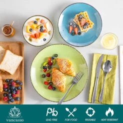 12-Piece Assorted Colors Stoneware Dinnerware Set Service For 4-Dinner Plates Dessert Plates And Cereal Bowls Tableware 17 12-Piece Assorted Colors Stoneware Dinnerware Set Service For 4-Dinner Plates Dessert Plates And Cereal Bowls Tableware -Vancasso Shop aqua blue orange red yellow green vancasso dinnerware sets vc navia 16 f12 1f 1000