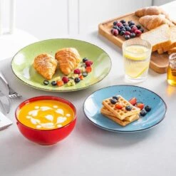 12-Piece Assorted Colors Stoneware Dinnerware Set Service For 4-Dinner Plates Dessert Plates And Cereal Bowls Tableware 21 12-Piece Assorted Colors Stoneware Dinnerware Set Service For 4-Dinner Plates Dessert Plates And Cereal Bowls Tableware -Vancasso Shop aqua blue orange red yellow green vancasso dinnerware sets vc navia 16 f12 31 1000