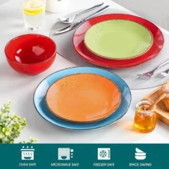 12-Piece Assorted Colors Stoneware Dinnerware Set Service For 4-Dinner Plates Dessert Plates And Cereal Bowls Tableware 16 12-Piece Assorted Colors Stoneware Dinnerware Set Service For 4-Dinner Plates Dessert Plates And Cereal Bowls Tableware -Vancasso Shop aqua blue orange red yellow green vancasso dinnerware sets vc navia 16 f12 4f 1000