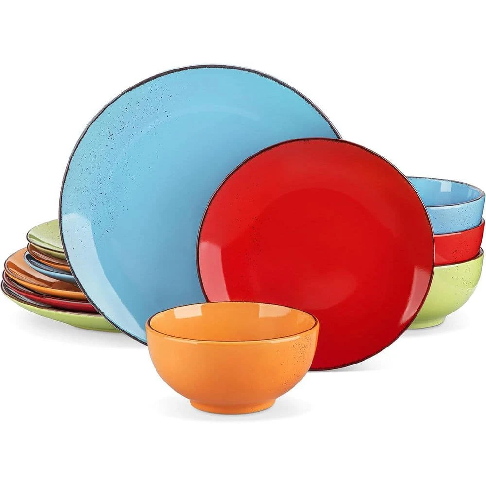 12-Piece Assorted Colors Stoneware Dinnerware Set Service For 4-Dinner Plates Dessert Plates And Cereal Bowls Tableware 3 12-Piece Assorted Colors Stoneware Dinnerware Set Service For 4-Dinner Plates Dessert Plates And Cereal Bowls Tableware