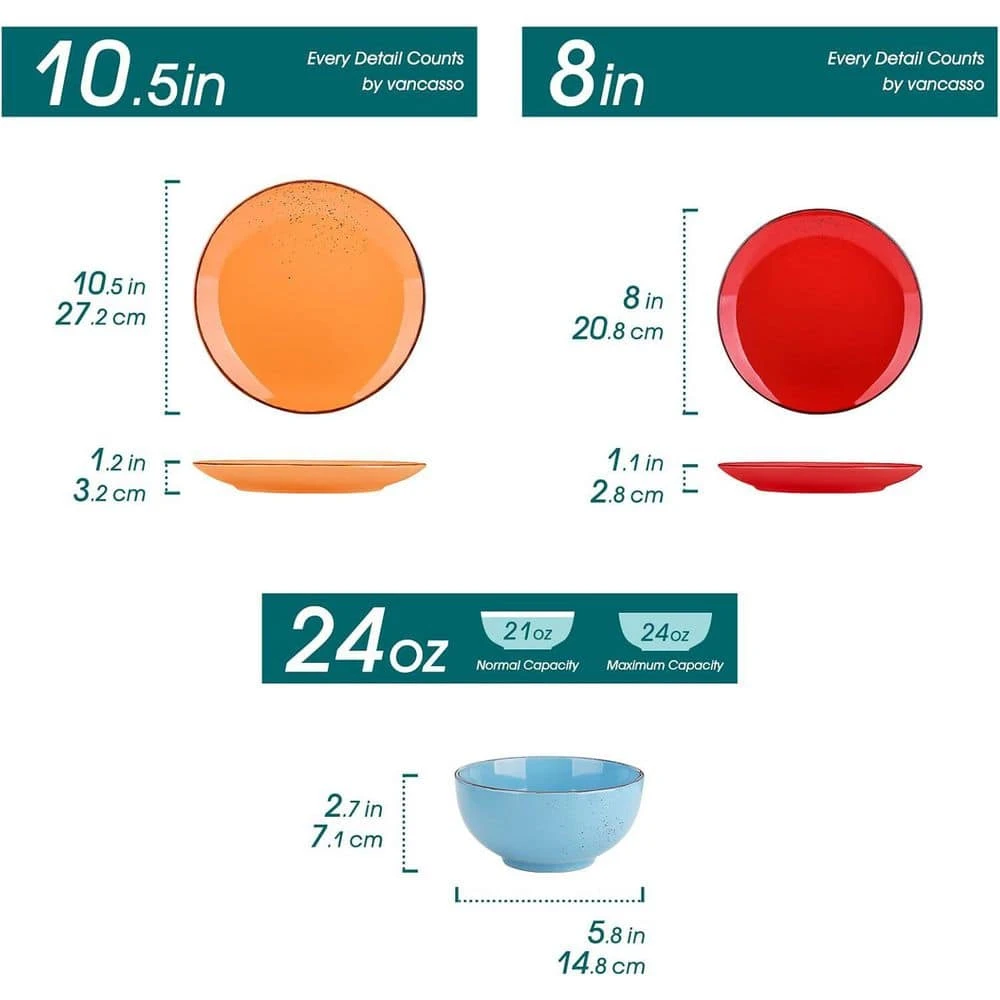 12-Piece Assorted Colors Stoneware Dinnerware Set Service For 4-Dinner Plates Dessert Plates And Cereal Bowls Tableware 6 12-Piece Assorted Colors Stoneware Dinnerware Set Service For 4-Dinner Plates Dessert Plates And Cereal Bowls Tableware - Image 4