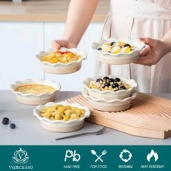 6-Piece Beige Stoneware Pie Dish Set Baking Dishes Set Tart Tins For Oven And Baking Small Pie Tin With Corrugated Edge -Vancasso Shop beige vancasso bakeware sets vc sabine 6pp 4f 1000