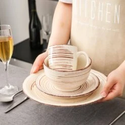 Bella 16-Pieces Dinnerware Set Porcelain Dinner Set Crockery In Vintage Look Combination Sets Beige (Service For 4) -Vancasso Shop beige vancasso dinnerware sets vc bella bg sl 1f 1000