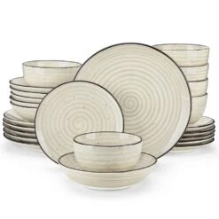 24-Piece Beige Stoneware Dinnerware Set (Service For 6) Bowls And Plates Set Dishware