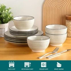 12-Piece Beige Stoneware Dinnerware Set (Service For 4) Tableware Set With Dinners Plate Dessert Plates And Cereal Bowls -Vancasso Shop beige vancasso dinnerware sets vc bonbon bg f12 1f 1000