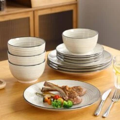 12-Piece Beige Stoneware Dinnerware Set (Service For 4) Tableware Set With Dinners Plate Dessert Plates And Cereal Bowls -Vancasso Shop beige vancasso dinnerware sets vc bonbon bg f12 31 1000
