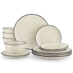 12-Piece Beige Stoneware Dinnerware Set (Service For 4) Tableware Set With Dinners Plate Dessert Plates And Cereal Bowls