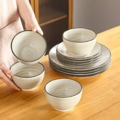 12-Piece Beige Stoneware Dinnerware Set (Service For 4) Tableware Set With Dinners Plate Dessert Plates And Cereal Bowls -Vancasso Shop beige vancasso dinnerware sets vc bonbon bg f12 76 1000