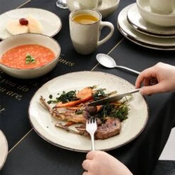 Navia Nature Beige 32-Piece Ceramic Dinnerware Set With Dinner Plate, Dessert Plate, Cereal Bowl And Mug (Service For 8) -Vancasso Shop beige vancasso dinnerware sets vc navia 12 sl 2 1f 1000