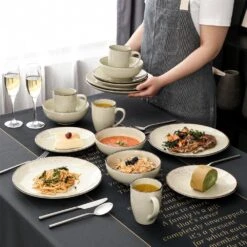 Navia Nature Beige 32-Piece Ceramic Dinnerware Set With Dinner Plate, Dessert Plate, Cereal Bowl And Mug (Service For 8) -Vancasso Shop beige vancasso dinnerware sets vc navia 12 sl 2 44 1000