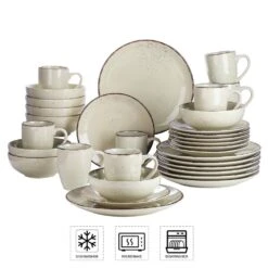 Navia Nature Beige 32-Piece Ceramic Dinnerware Set With Dinner Plate, Dessert Plate, Cereal Bowl And Mug (Service For 8) -Vancasso Shop beige vancasso dinnerware sets vc navia 12 sl 2 4f 1000