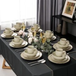 Navia Nature Beige 32-Piece Ceramic Dinnerware Set With Dinner Plate, Dessert Plate, Cereal Bowl And Mug (Service For 8) -Vancasso Shop beige vancasso dinnerware sets vc navia 12 sl 2 fa 1000