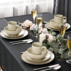Navia 16-Piece Nature Beige Stoneware Dinnerware Set (Service For 4) -Vancasso Shop beige vancasso dinnerware sets vc navia 12 sl 31 1000