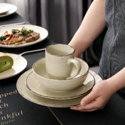 Navia 16-Piece Nature Beige Stoneware Dinnerware Set (Service For 4) -Vancasso Shop beige vancasso dinnerware sets vc navia 12 sl fa 1000