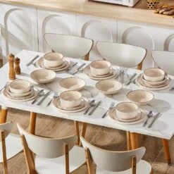 24-Piece Beige Stoneware Dinnerware Set Service For 6 Rustic Design Bowls And Plates Set Sesame Dots Pattern Tableware -Vancasso Shop beige vancasso dinnerware sets vc plays be 24 44 1000