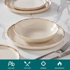 24-Piece Beige Stoneware Dinnerware Set Service For 6 Rustic Design Bowls And Plates Set Sesame Dots Pattern Tableware -Vancasso Shop beige vancasso dinnerware sets vc plays be 24 4f 1000