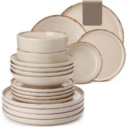 24-Piece Beige Stoneware Dinnerware Set Service For 6 Rustic Design Bowls And Plates Set Sesame Dots Pattern Tableware
