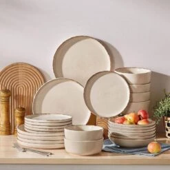 24-Piece Beige Stoneware Dinnerware Set Service For 6 Rustic Design Bowls And Plates Set Sesame Dots Pattern Tableware -Vancasso Shop beige vancasso dinnerware sets vc plays be 24 76 1000