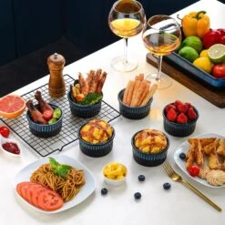 Stoneware 6-Piece Ramekins Set Blue Baking Dish Serving Dish Mini Baking Cups Snack Sauce Creme Brulee Souffle Dishes -Vancasso Shop black and blue vancasso bakeware sets vc glimmer a04 1d 1000