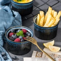 Stoneware 6-Piece Ramekins Set Blue Baking Dish Serving Dish Mini Baking Cups Snack Sauce Creme Brulee Souffle Dishes -Vancasso Shop black and blue vancasso bakeware sets vc glimmer a04 44 1000