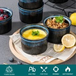 Stoneware 6-Piece Ramekins Set Blue Baking Dish Serving Dish Mini Baking Cups Snack Sauce Creme Brulee Souffle Dishes -Vancasso Shop black and blue vancasso bakeware sets vc glimmer a04 4f 1000
