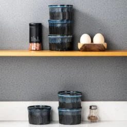 Stoneware 6-Piece Ramekins Set Blue Baking Dish Serving Dish Mini Baking Cups Snack Sauce Creme Brulee Souffle Dishes -Vancasso Shop black and blue vancasso bakeware sets vc glimmer a04 76 1000