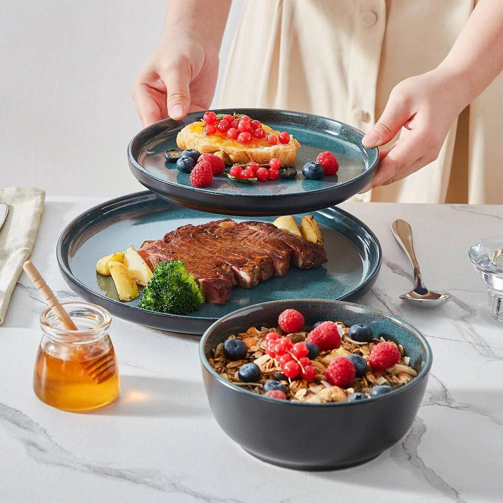 18-Piece Black And Green Stoneware Dinnerware Set Service For 6 Tableware With Dinner Plates Dessert Plates Cereal Bowls 17 18-Piece Black And Green Stoneware Dinnerware Set Service For 6 Tableware With Dinner Plates Dessert Plates Cereal Bowls - Image 15