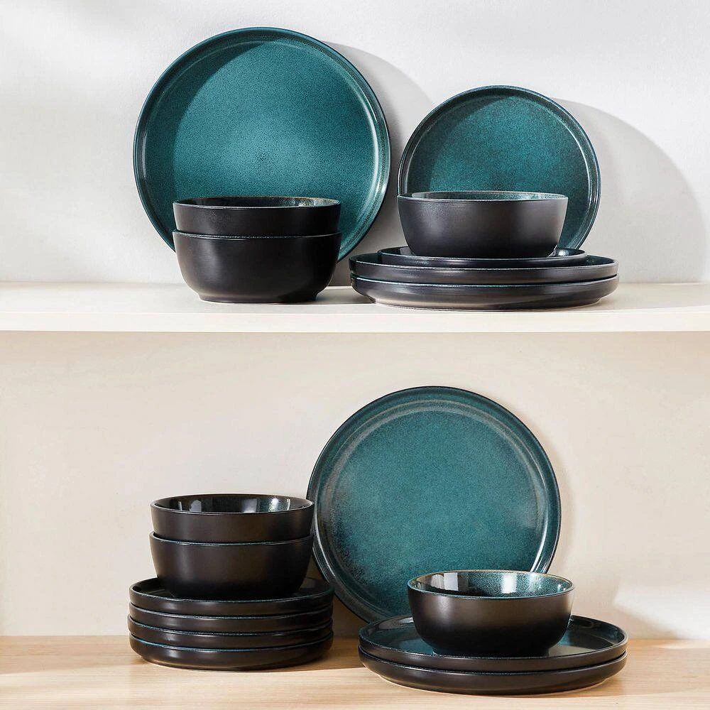 18-Piece Black And Green Stoneware Dinnerware Set Service For 6 Tableware With Dinner Plates Dessert Plates Cereal Bowls 15 18-Piece Black And Green Stoneware Dinnerware Set Service For 6 Tableware With Dinner Plates Dessert Plates Cereal Bowls - Image 13