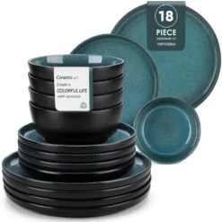 18-Piece Black And Green Stoneware Dinnerware Set Service For 6 Tableware With Dinner Plates Dessert Plates Cereal Bowls 33 18-Piece Black And Green Stoneware Dinnerware Set Service For 6 Tableware With Dinner Plates Dessert Plates Cereal Bowls -Vancasso Shop black and green vancasso dinnerware sets vc playb b 18 de 1000