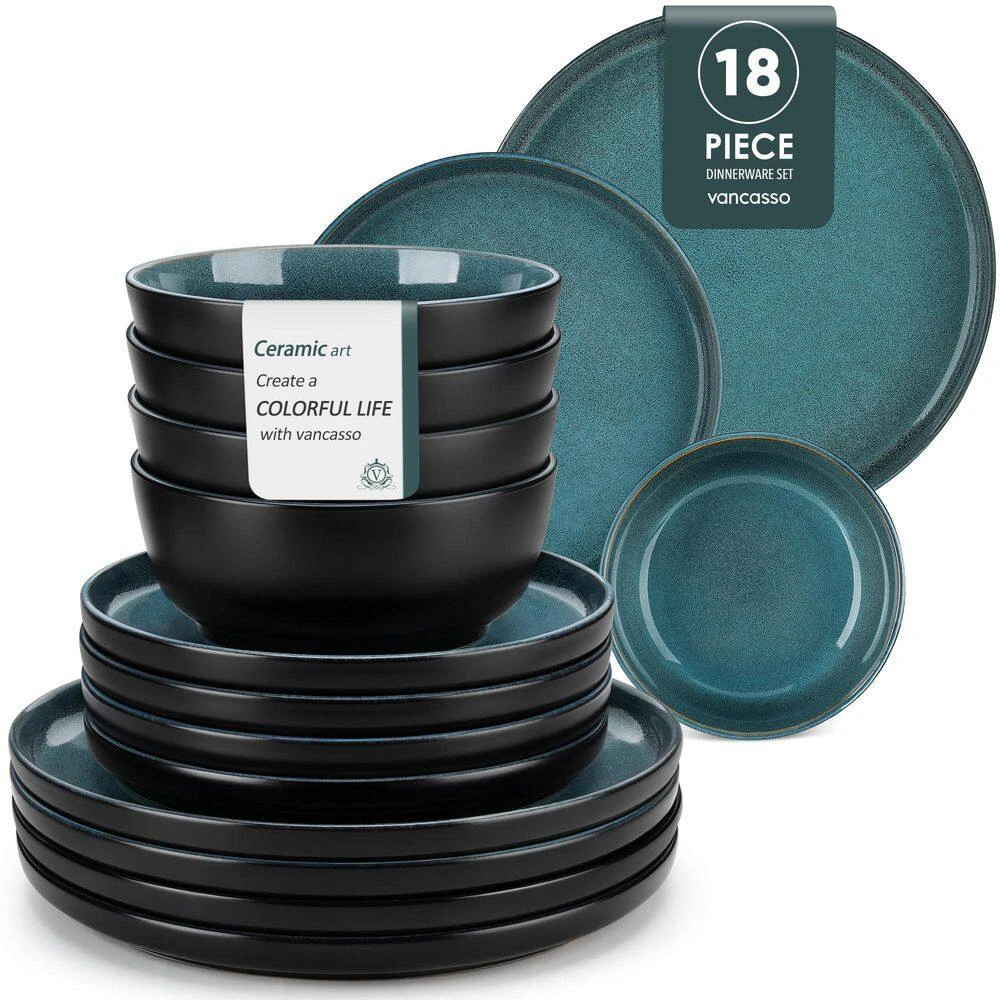 18-Piece Black And Green Stoneware Dinnerware Set Service For 6 Tableware With Dinner Plates Dessert Plates Cereal Bowls 18 18-Piece Black And Green Stoneware Dinnerware Set Service For 6 Tableware With Dinner Plates Dessert Plates Cereal Bowls - Image 16