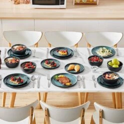 18-Piece Black And Green Stoneware Dinnerware Set Service For 6 Tableware With Dinner Plates Dessert Plates Cereal Bowls 29 18-Piece Black And Green Stoneware Dinnerware Set Service For 6 Tableware With Dinner Plates Dessert Plates Cereal Bowls -Vancasso Shop black and green vancasso dinnerware sets vc playb b 18 fa 1000