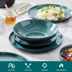 24-Piece Black And Green Stoneware Dinnerware Set Service For 6 Bowl And Plate Dinner Set Dishware With Plates Bowls 28 24-Piece Black And Green Stoneware Dinnerware Set Service For 6 Bowl And Plate Dinner Set Dishware With Plates Bowls -Vancasso Shop black and green vancasso dinnerware sets vc playb b 24 1f 1000