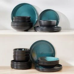 24-Piece Black And Green Stoneware Dinnerware Set Service For 6 Bowl And Plate Dinner Set Dishware With Plates Bowls 31 24-Piece Black And Green Stoneware Dinnerware Set Service For 6 Bowl And Plate Dinner Set Dishware With Plates Bowls -Vancasso Shop black and green vancasso dinnerware sets vc playb b 24 76 1000