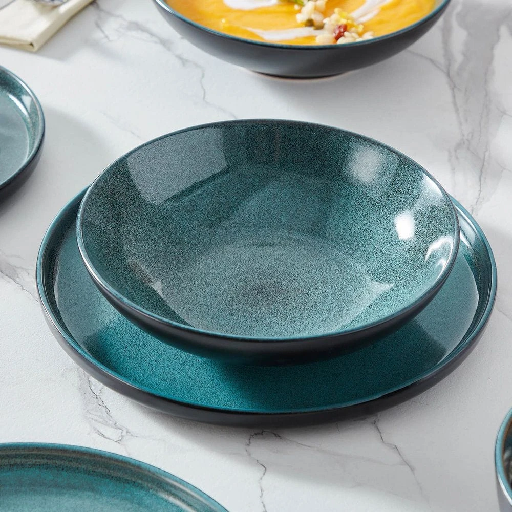 24-Piece Black And Green Stoneware Dinnerware Set Service For 6 Bowl And Plate Dinner Set Dishware With Plates Bowls 9 24-Piece Black And Green Stoneware Dinnerware Set Service For 6 Bowl And Plate Dinner Set Dishware With Plates Bowls - Image 7