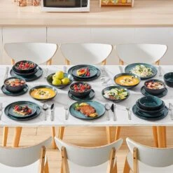 24-Piece Black And Green Stoneware Dinnerware Set Service For 6 Bowl And Plate Dinner Set Dishware With Plates Bowls 30 24-Piece Black And Green Stoneware Dinnerware Set Service For 6 Bowl And Plate Dinner Set Dishware With Plates Bowls -Vancasso Shop black and green vancasso dinnerware sets vc playb b 24 fa 1000
