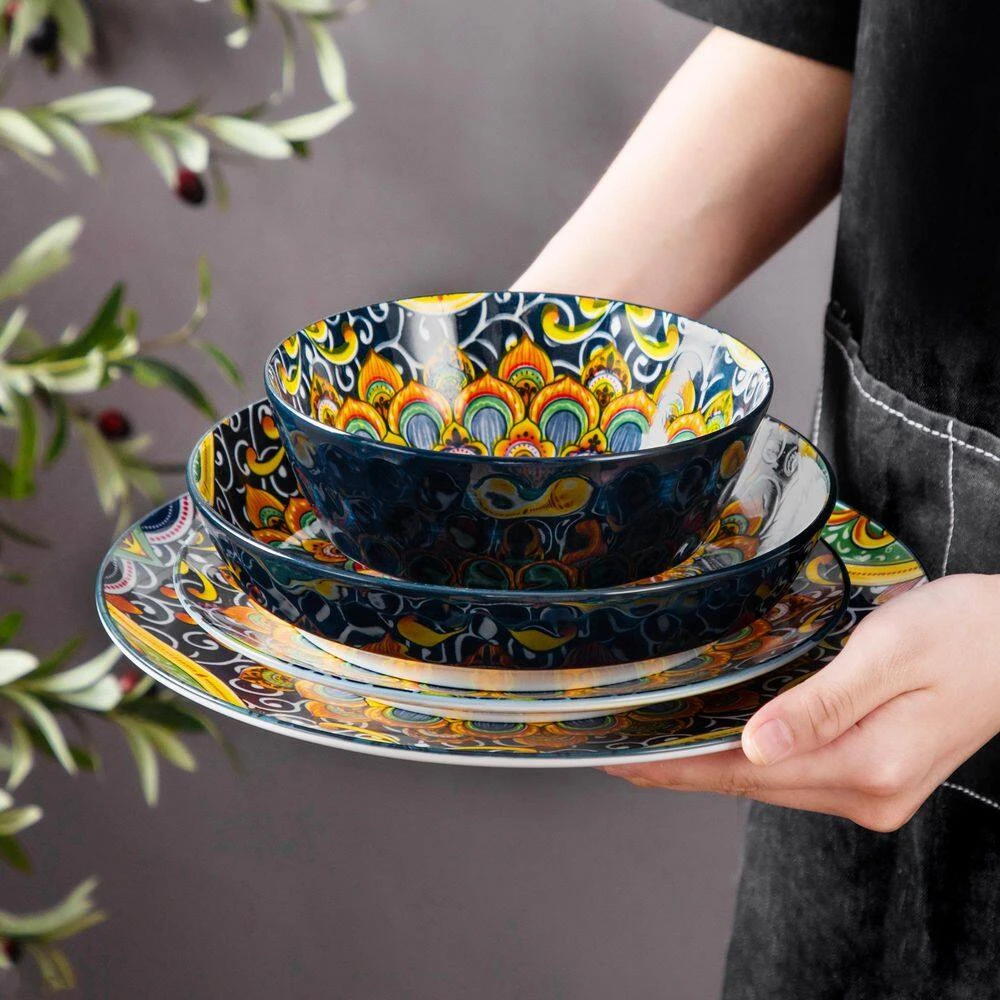 16-Piece Black-green Porcelain Dinnerware Set Service For 4 Bohemian Style Bowls And Plates Set Dining Set Tableware Set 4 16-Piece Black-green Porcelain Dinnerware Set Service For 4 Bohemian Style Bowls And Plates Set Dining Set Tableware Set - Image 2