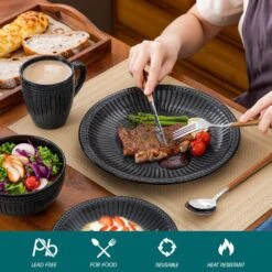 16-Piece Black Grey Porcelain Dinnerware Set Service For 4-Bowls And Plates Dinner Set Embossed Dots Pattern Tableware -Vancasso Shop black grey vancasso dinnerware sets eliga gy sl 1f 1000