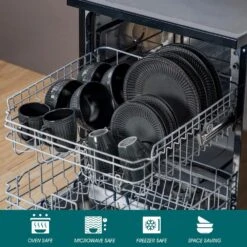 16-Piece Black Grey Porcelain Dinnerware Set Service For 4-Bowls And Plates Dinner Set Embossed Dots Pattern Tableware -Vancasso Shop black grey vancasso dinnerware sets eliga gy sl 44 1000