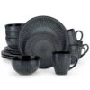 16-Piece Black Grey Porcelain Dinnerware Set Service For 4-Bowls And Plates Dinner Set Embossed Dots Pattern Tableware 1 16-Piece Black Grey Porcelain Dinnerware Set Service For 4-Bowls And Plates Dinner Set Embossed Dots Pattern Tableware -Vancasso Shop black grey vancasso dinnerware sets eliga gy sl 64 1000