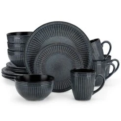 16-Piece Black Grey Porcelain Dinnerware Set Service For 4-Bowls And Plates Dinner Set Embossed Dots Pattern Tableware