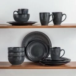 16-Piece Black Grey Porcelain Dinnerware Set Service For 4-Bowls And Plates Dinner Set Embossed Dots Pattern Tableware -Vancasso Shop black grey vancasso dinnerware sets eliga gy sl 76 1000