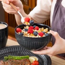 16-Piece Black Grey Porcelain Dinnerware Set Service For 4-Bowls And Plates Dinner Set Embossed Dots Pattern Tableware -Vancasso Shop black grey vancasso dinnerware sets eliga gy sl 77 1000