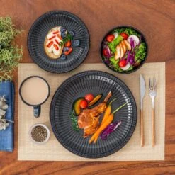 16-Piece Black Grey Porcelain Dinnerware Set Service For 4-Bowls And Plates Dinner Set Embossed Dots Pattern Tableware -Vancasso Shop black grey vancasso dinnerware sets eliga gy sl a0 1000