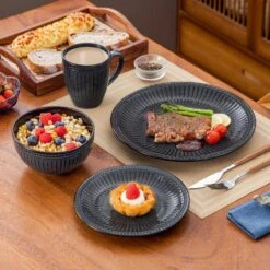 16-Piece Black Grey Porcelain Dinnerware Set Service For 4-Bowls And Plates Dinner Set Embossed Dots Pattern Tableware -Vancasso Shop black grey vancasso dinnerware sets eliga gy sl fa 1000